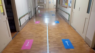 廊下の両側に等間隔でピンクとブルーの誘導マット。
