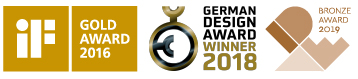 歩導くん ガイドウェイが受賞したデザイン賞のロゴ。iF賞、ジャーマンデザインアワード、IDEA賞。