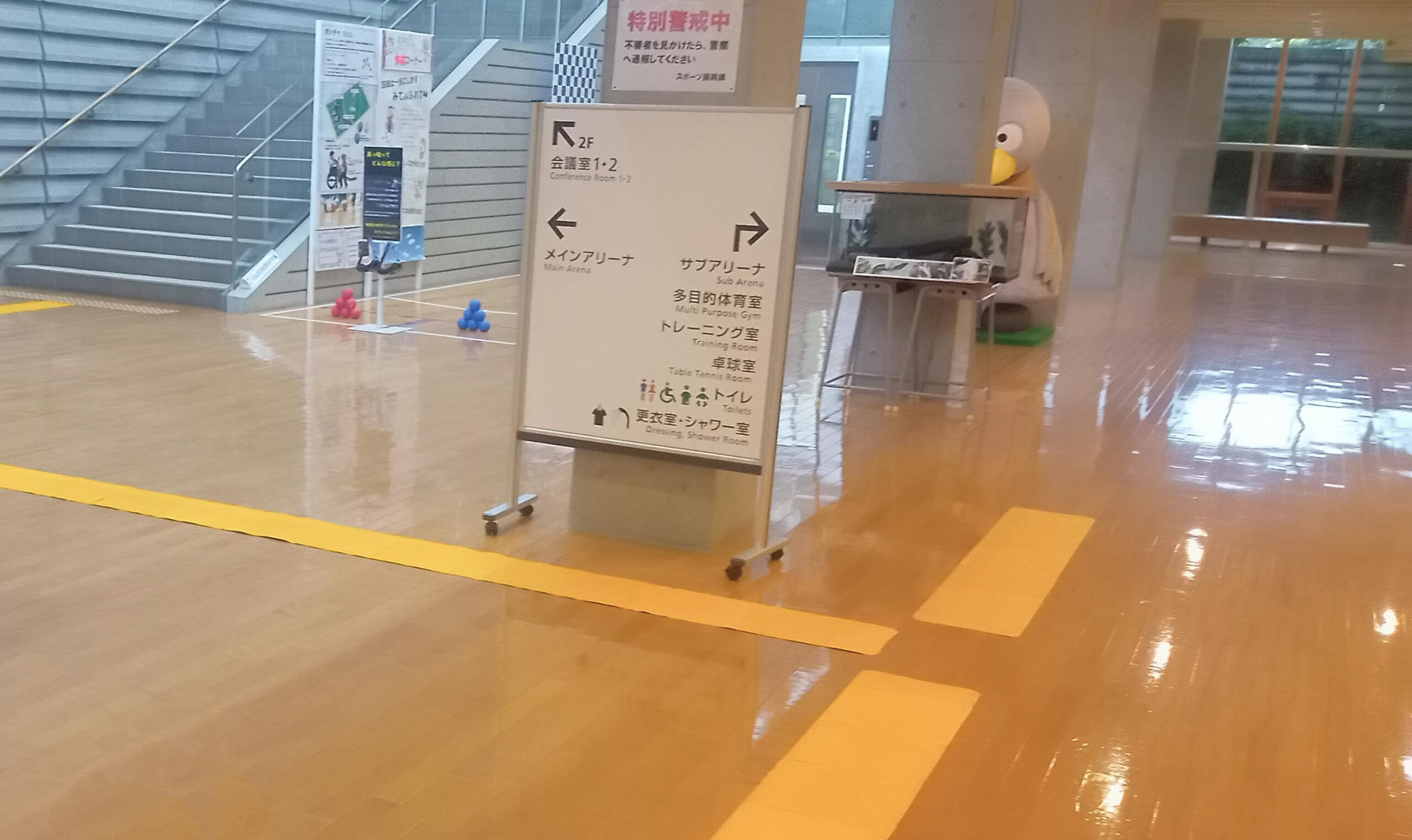 第30回 日本ゴールボール選手権大会 男子予選大会の会場（所沢市民体育館）に誘導マットを一時設置した写真。入口から誘導マットがに方向に設置されている。