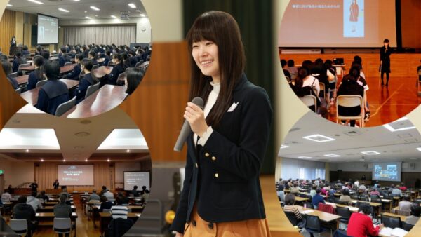 杉本梢さん講演会時の様子と４つの会場で多数の参加者が聴講している写真