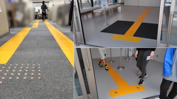 左より、大阪府立大阪南視覚支援学校 職員室内に設置した「歩導くん ガイドウェイ」、大阪・関西万博 東ゲート施設で来場者の移動を支えた「歩導くん ガイドウェイ」。