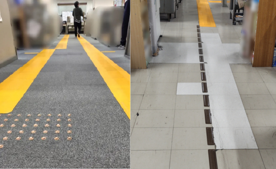 左より、大阪南視覚支援学校 職員室内に設置した歩行誘導マット「歩導くん ガイドウェイ」と、大阪北視覚支援学校 職員室内に設置した誘導ライン「ガイドレット」の写真。
